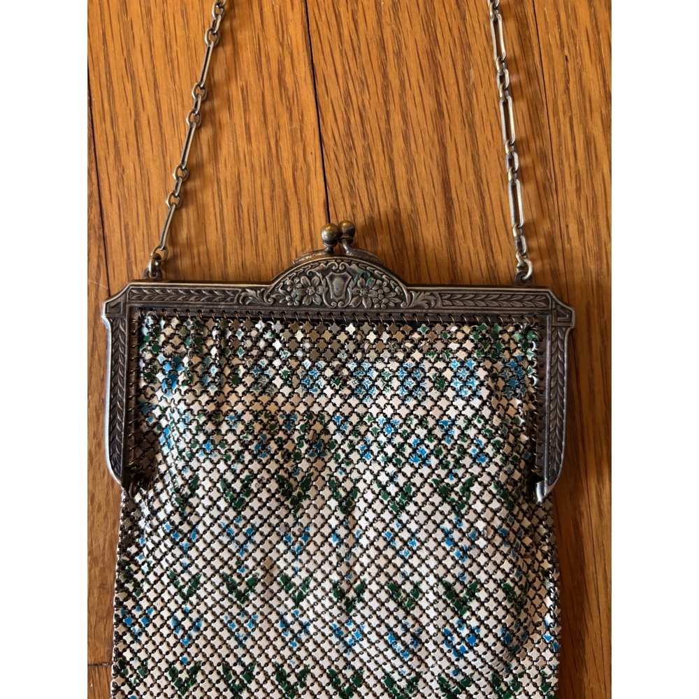 Antique Whiting & Davis Art Deco Mesh Evening Bag Blue Green Geometric Kiss Lock - Picture 4 of 5